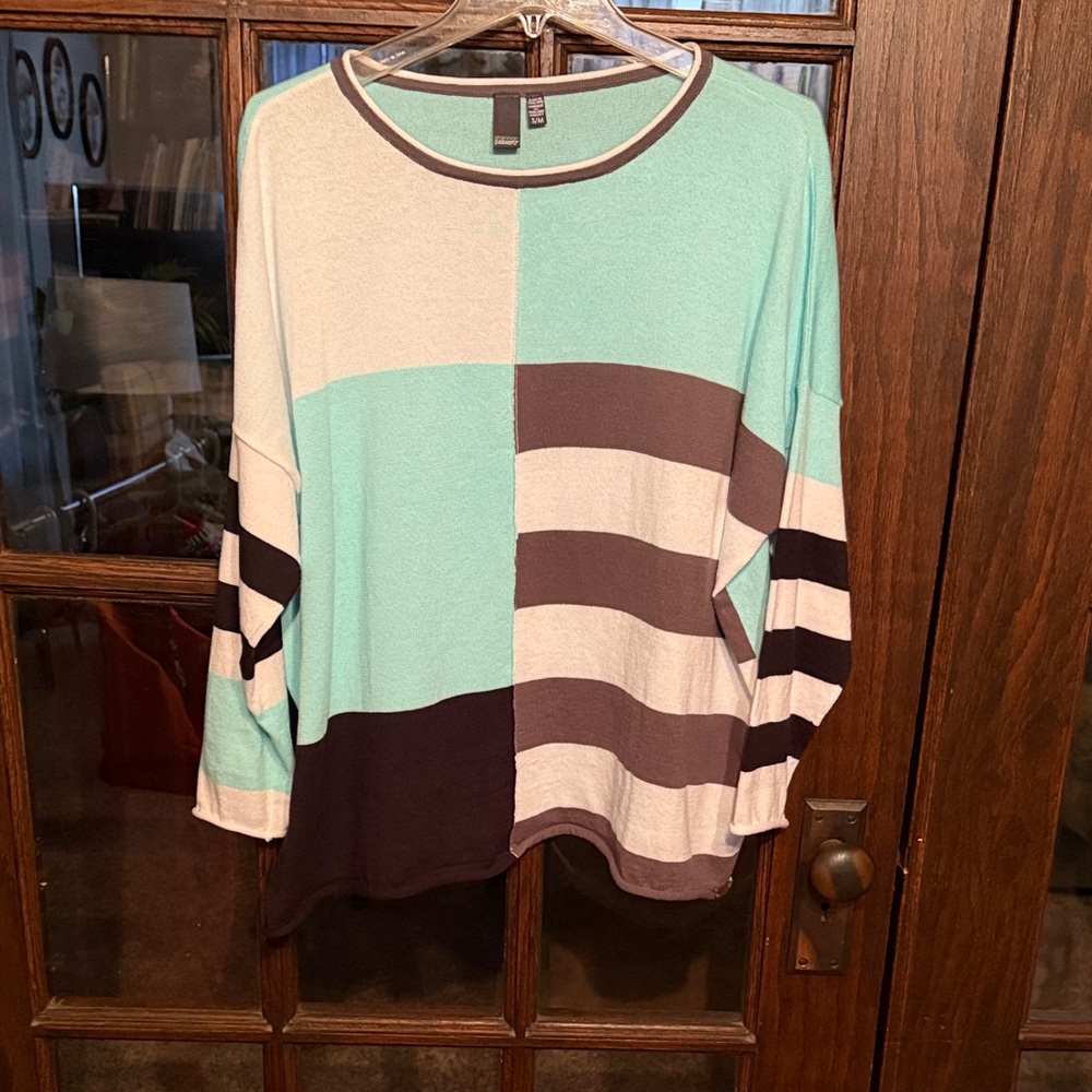 Shannon Passero Womens Colorblock Striped Knit Sweater Mint Cream Brown Size S/M